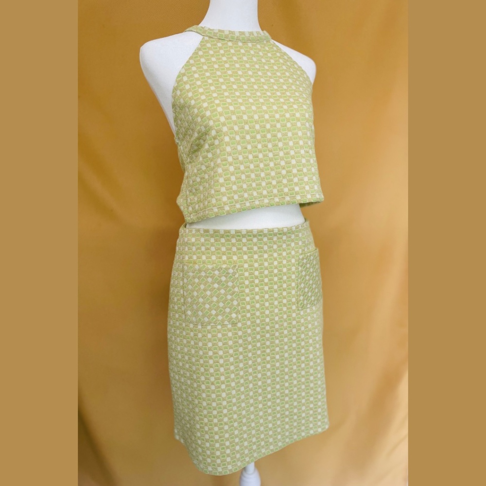Forever 21 Green and Gold Speckled Mod 2 Piece Halter Top Skirt L Retro